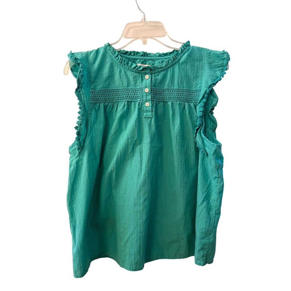 J.Crew Womens Petite Teal Green Ruffle Crochet Dobby Sleeveless Blouse PL